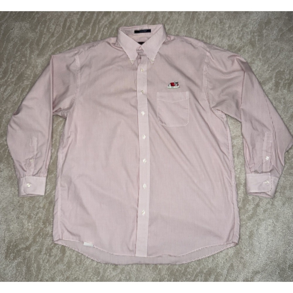 Overton Georgia Bulldog Red Plaid‎ Shirt Size L Wrinkle Free 100% Cotton Preppy